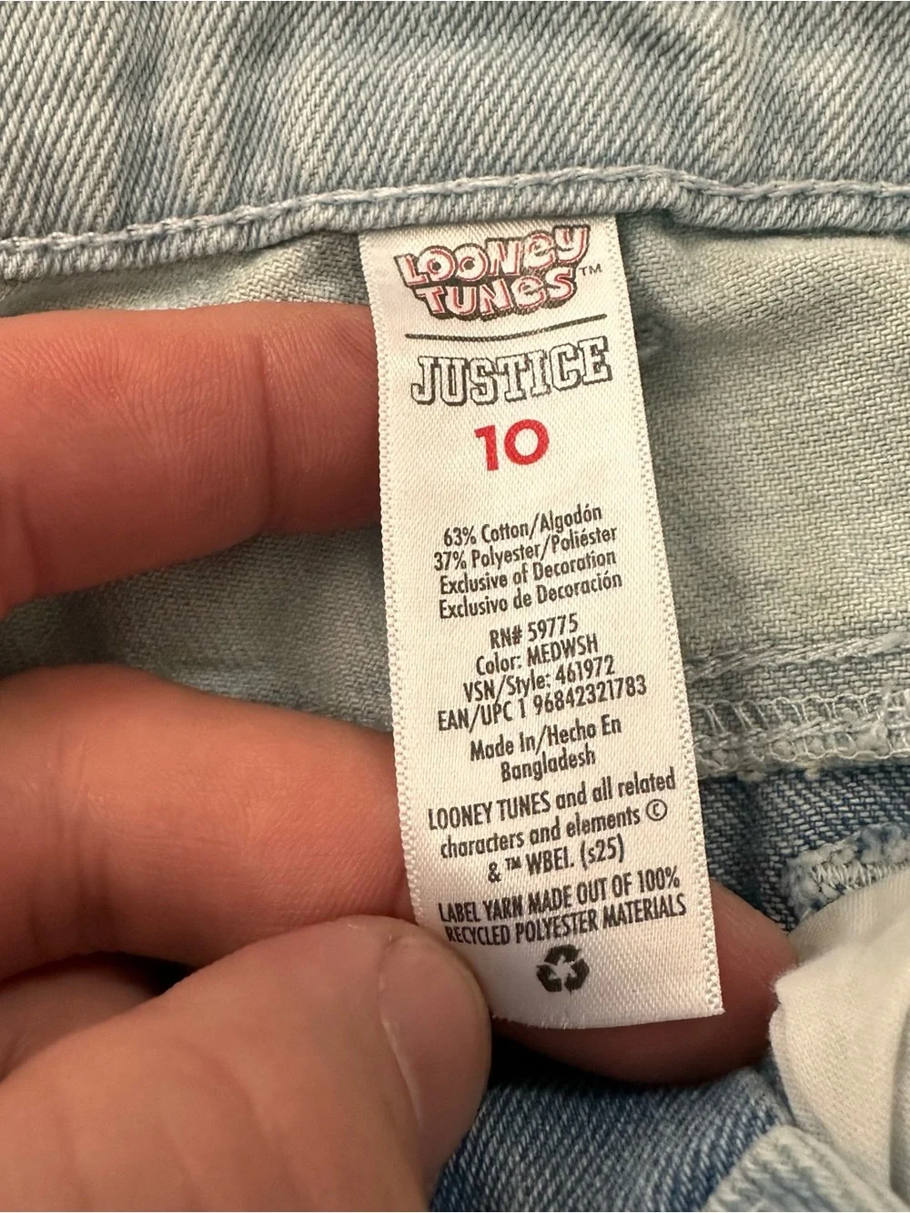 Looney Tunes Justice Girl's Barrel Denim Blue Jeans Size 10 Bugs Bunny Tweety